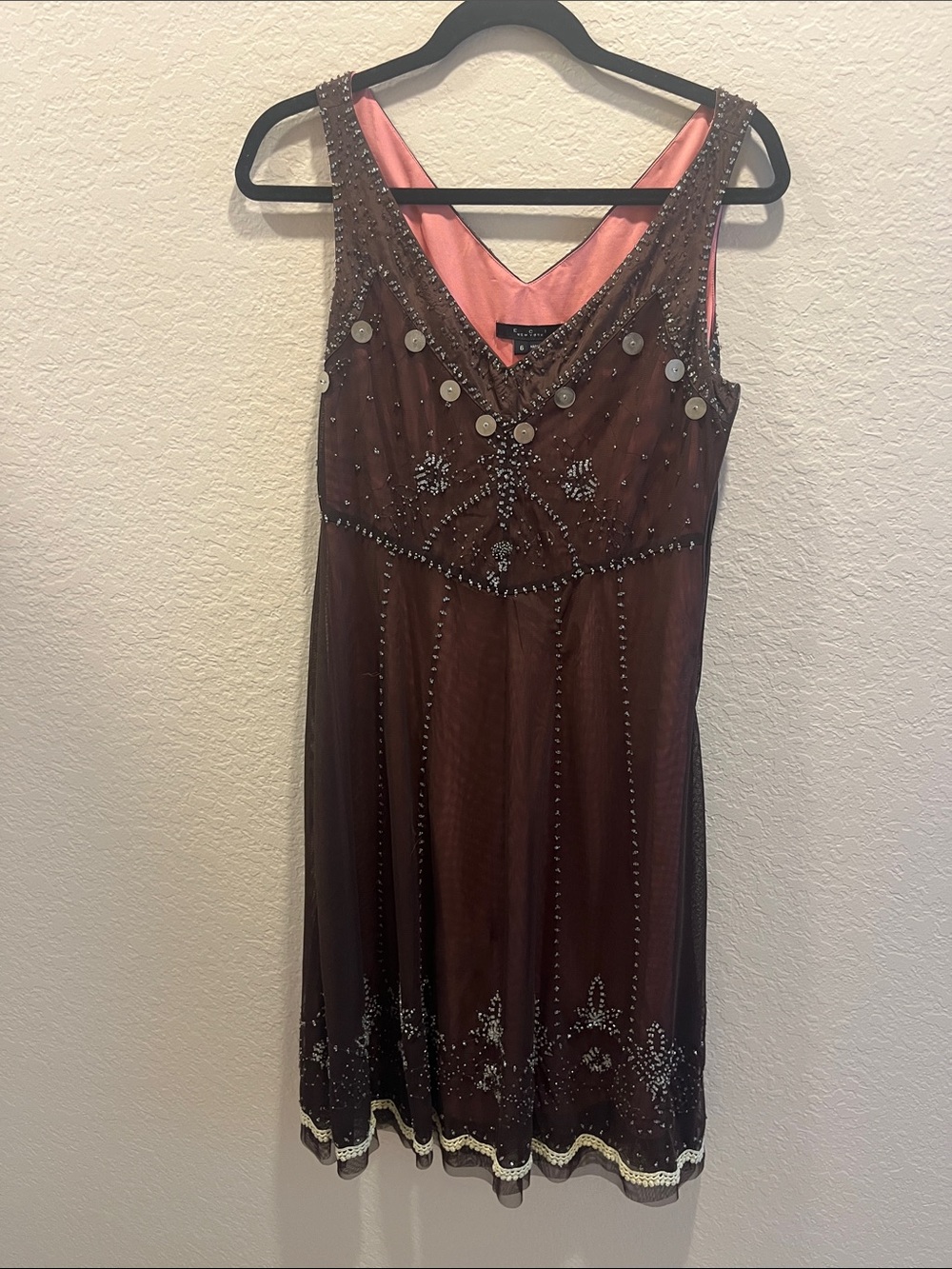 ECI Brown Beaded V-Neck Dress with Pink Lining